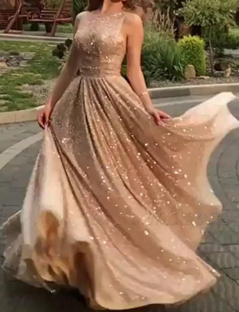 Unthony - Shiny Champagne Gold Sequins Sleeveless Long Prom Dress