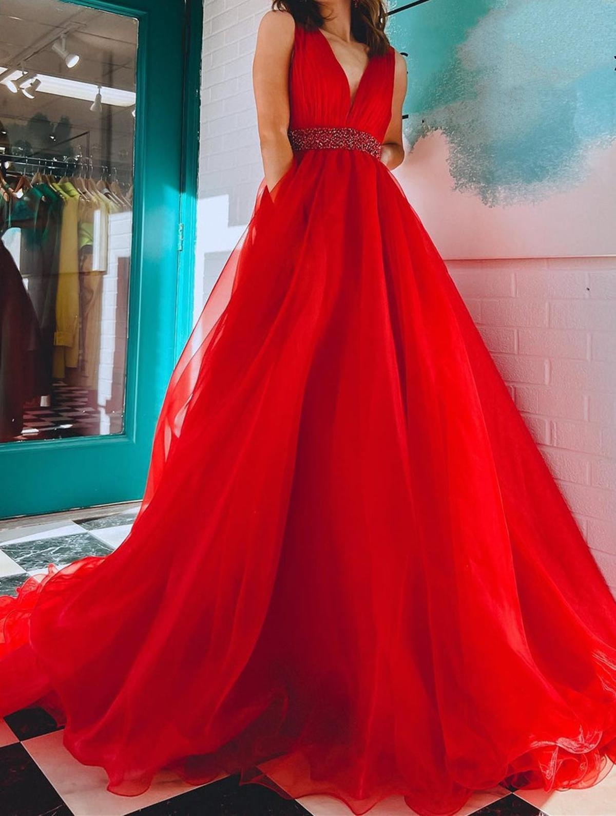 Unthony - A Line V Neck Red/Blue/Orange Long Prom Dress with Beaded Belt