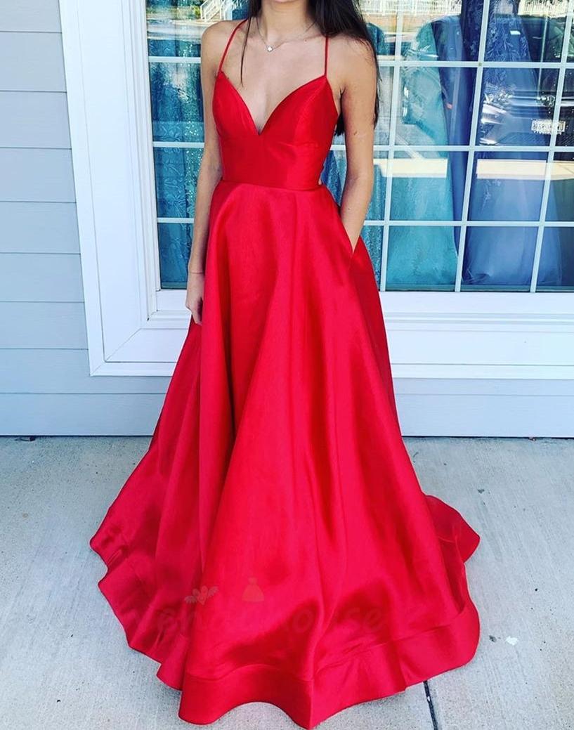 Unthony - A Line V Neck Backless Red Satin Long Prom Dress