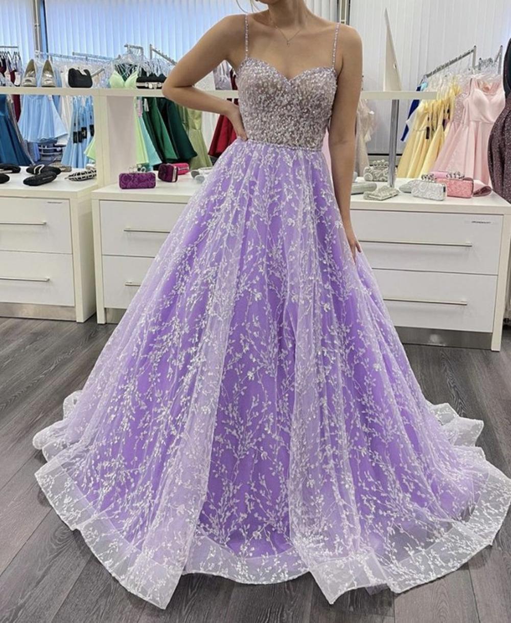 Unthony - Gorgeous Sweetheart Neck Purple Lace Beaded Long Prom Dress