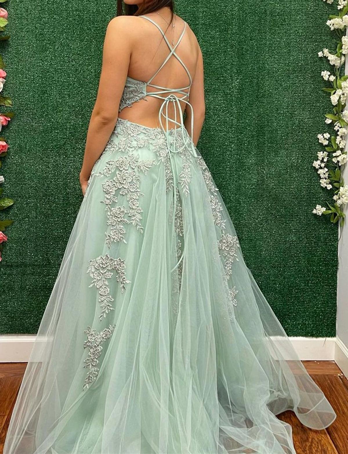 Unthony - V Neck Backless Sage Tulle Lace Long Prom Dress with High Slit