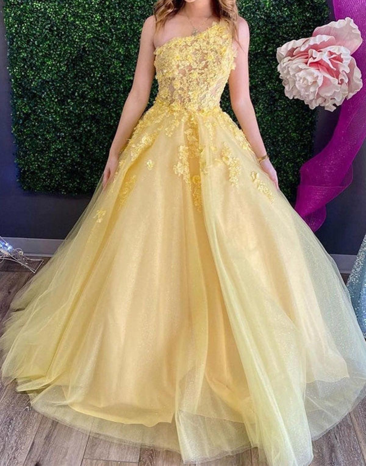 Unthony - One Shoulder Yellow Lace Floral Long Prom Dress