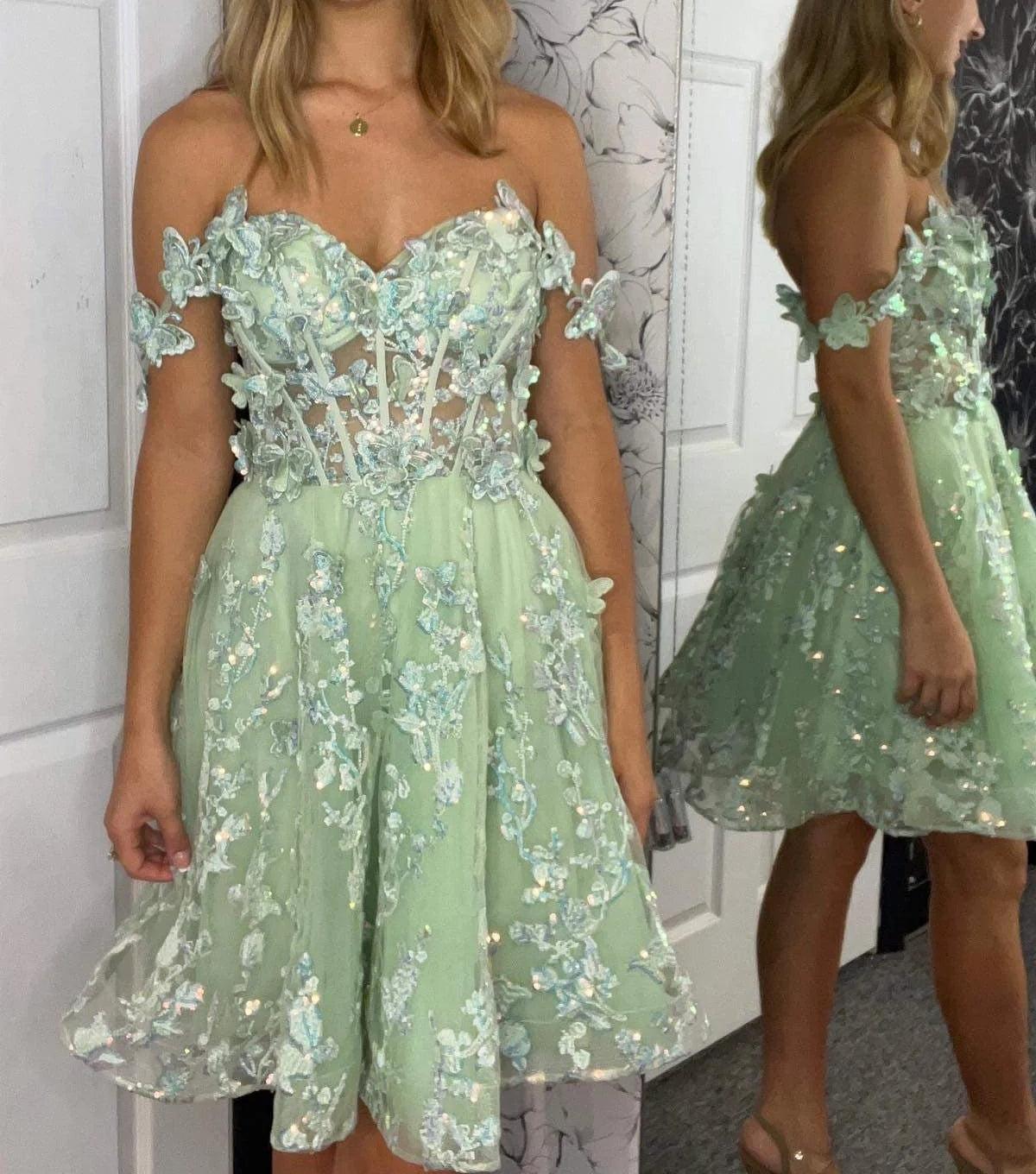 Unthony - Off the Shoulder Green Lace Prom Dress