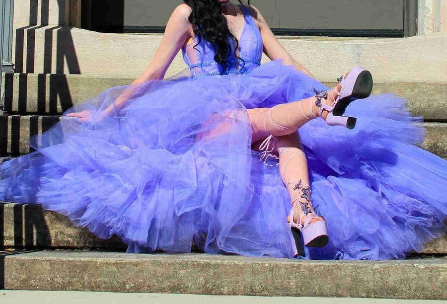 Unthony - High Low V Neck Purple Tulle Long Prom Dress with Belt