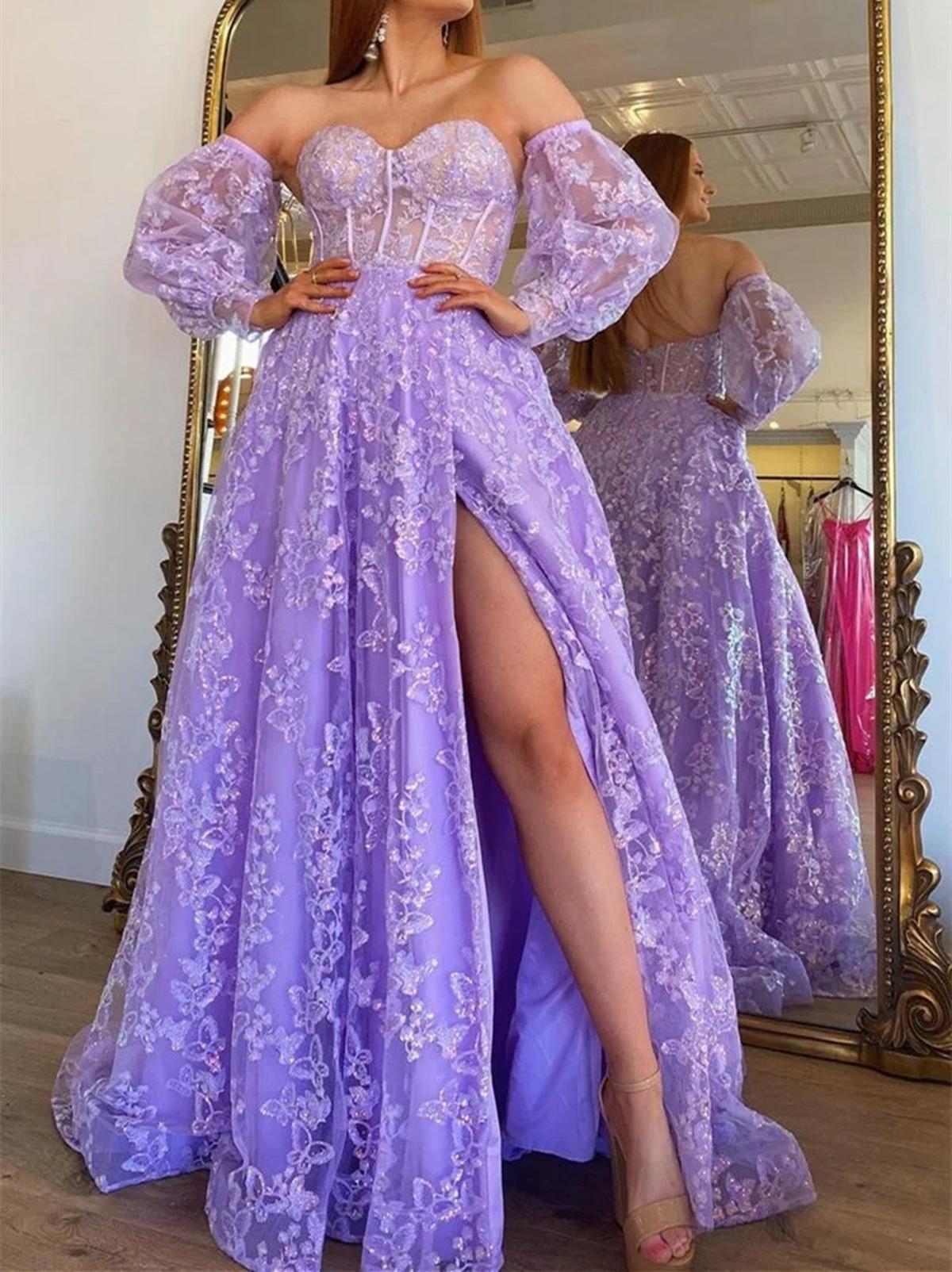 Unthony - Open Back Long Sleeves Purple Lace Prom Dresses with High Slit