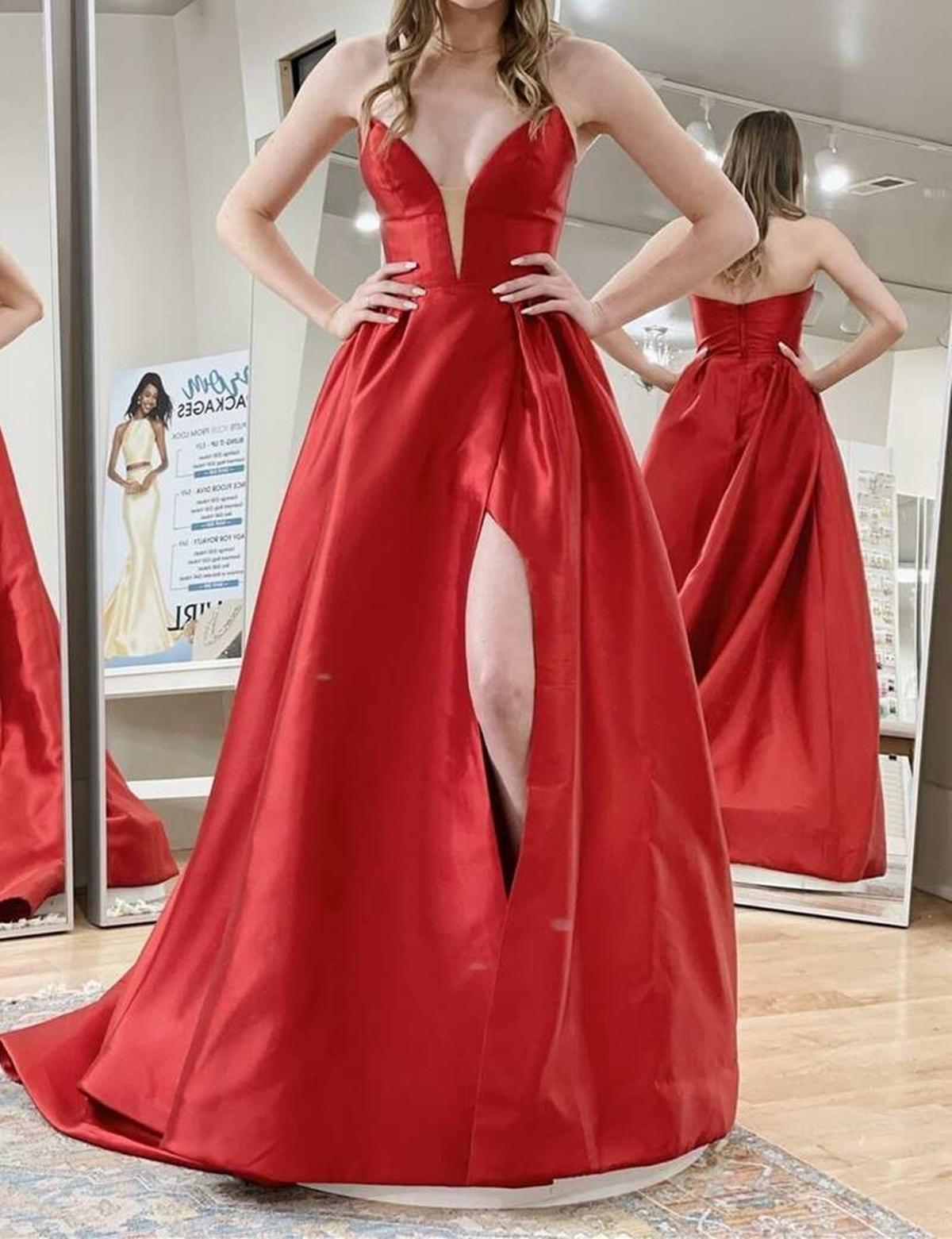 Unthony - Strapless V Neck Open Back Red/Black Satin Long Prom Dress with High Slit
