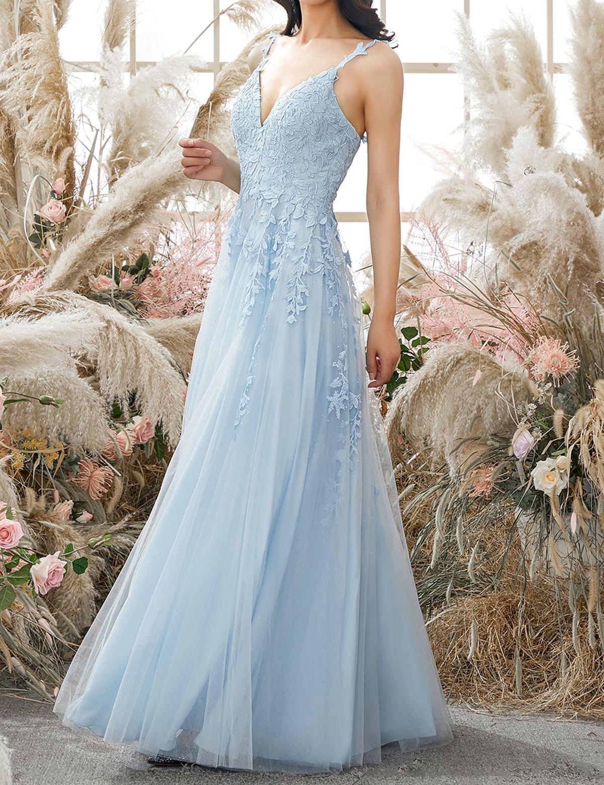 Unthony - A Line V Neck Backless Blue Lace Long Prom Dress