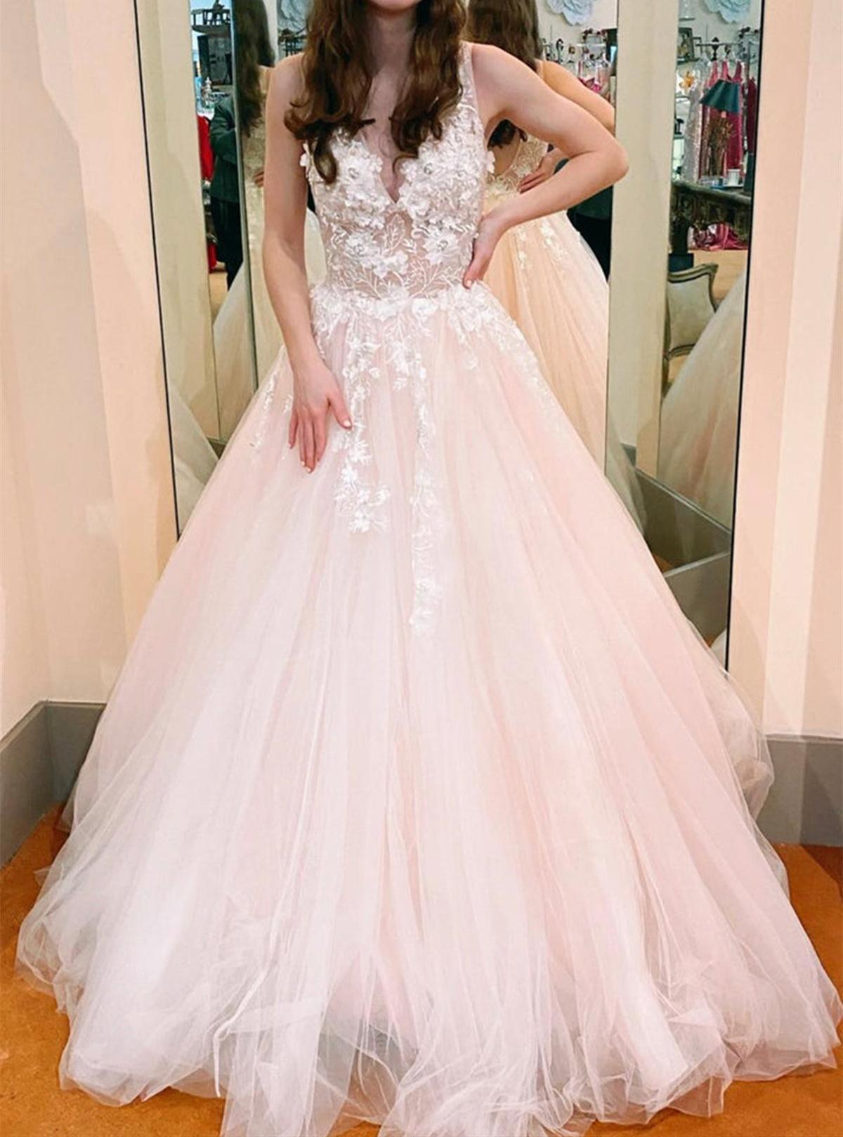 Unthony - V Neck Pink Tulle Lace Applique Long Prom Dress