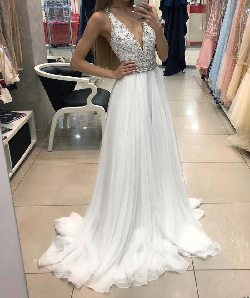 Unthony - A Line V Neck Lace White Chiffon Long Prom Dress with Beadings