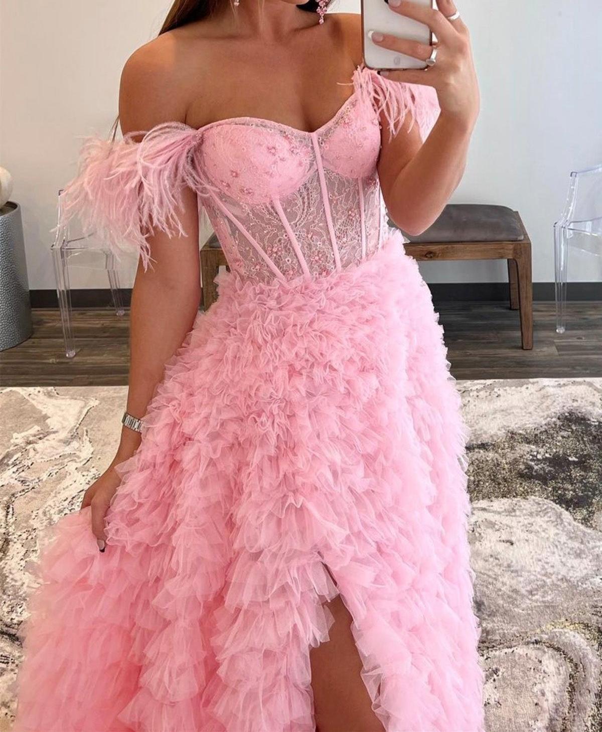 Unthony - Off Shoulder Ruffle Pink Long Prom Dress with Train