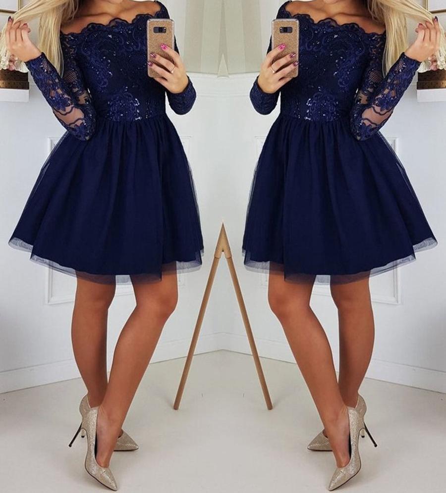 Unthony - Off the Shoulder Long Sleeves Lace Navy Blue Short Prom Dresses Homecoming Dresses