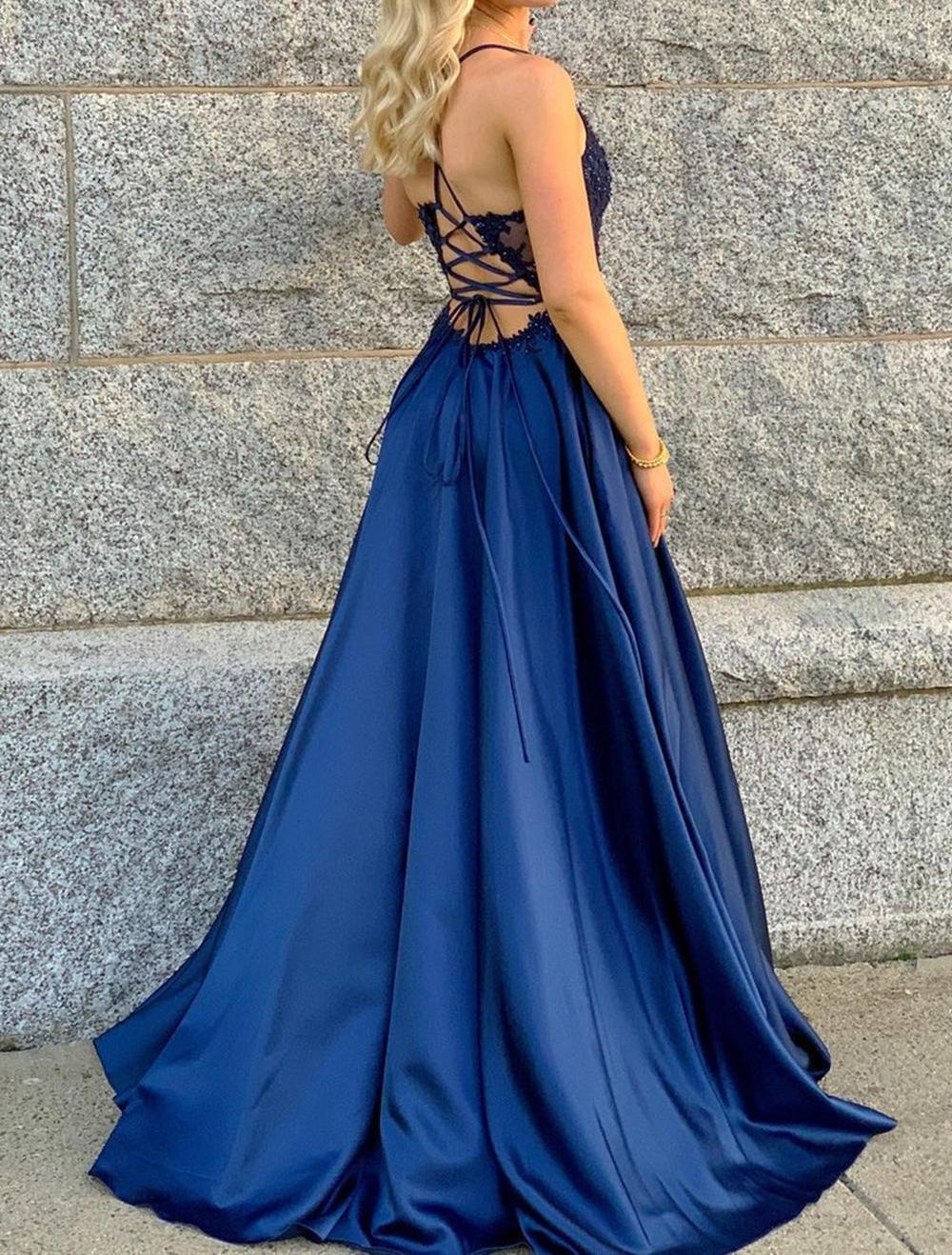 Unthony - V Neck Beaded Blue Lace Long Prom Dress with Leg Slit