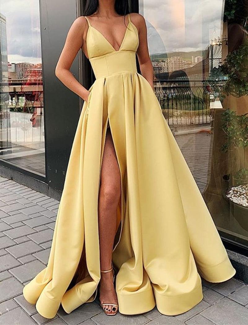 Unthony - Sexy V Neck Emerald Green Yellow Long Prom Dress with High Split