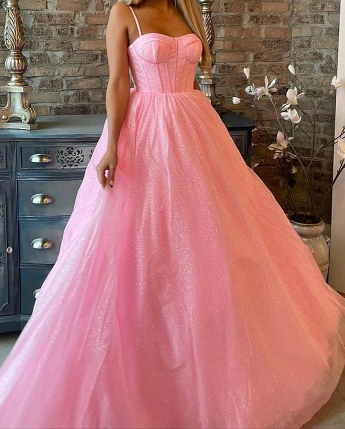 Unthony - Shiny Pink Tulle Long Prom Dress