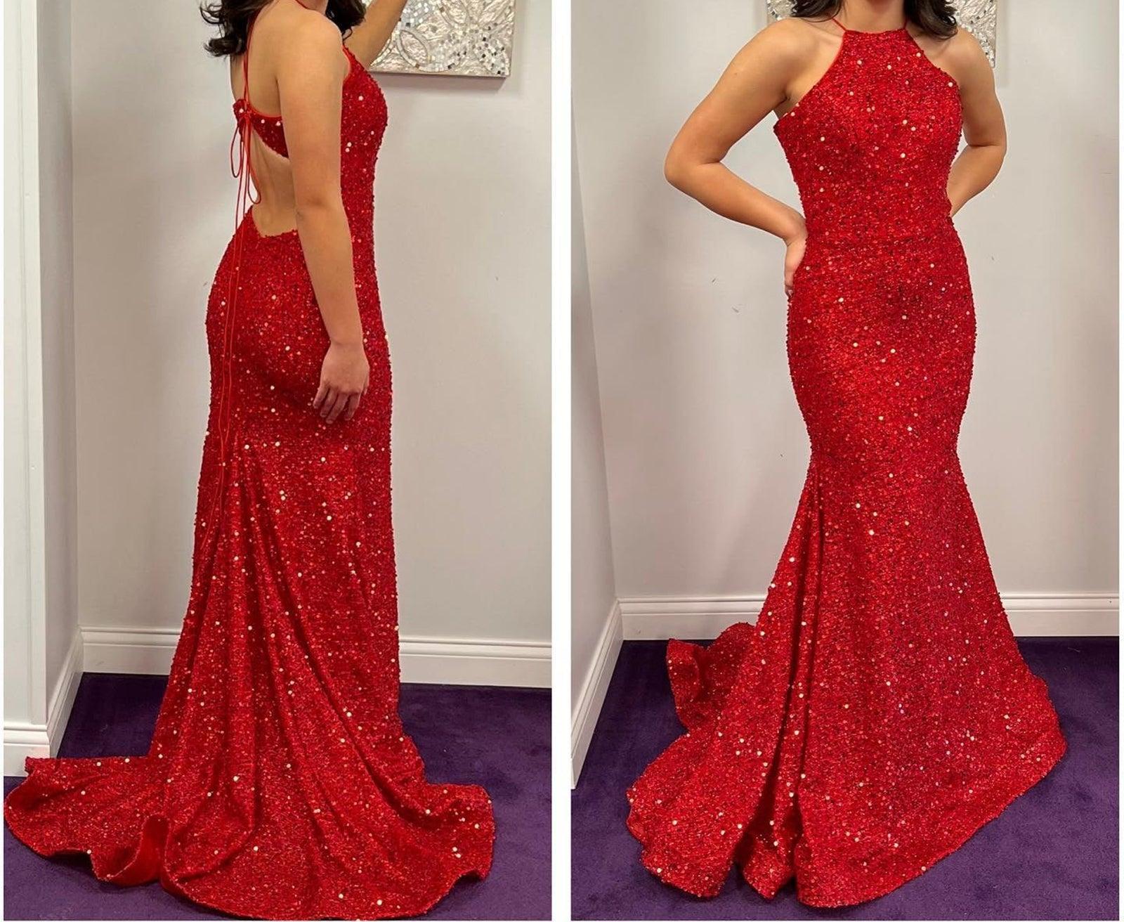 Unthony - Backless Mermaid Burgundy Sequins Long Prom Dress