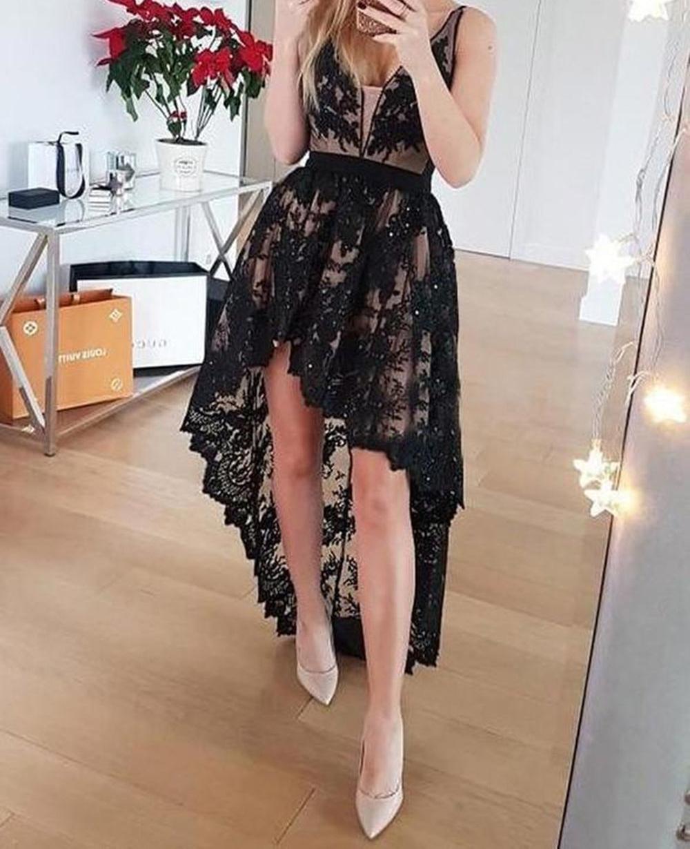 Unthony - High Low V Neck Open Back Black Lace Prom Dress