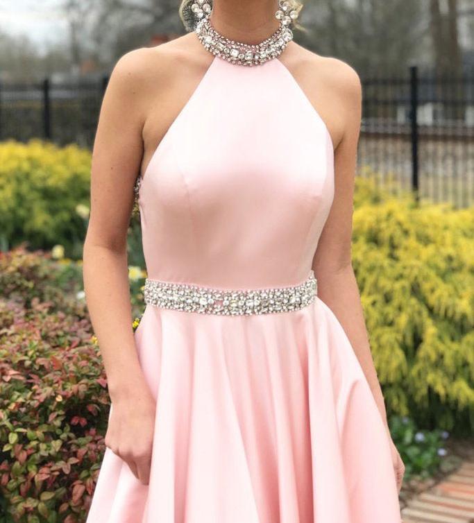 Unthony - Pink Halter Neck Backless Beading Satin Long Prom Dresses
