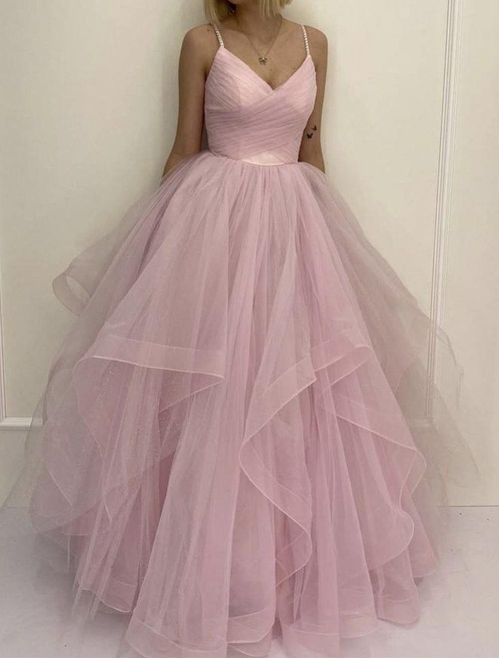 Unthony - Pink Tulle V Neck Fluffy Long Prom Dress