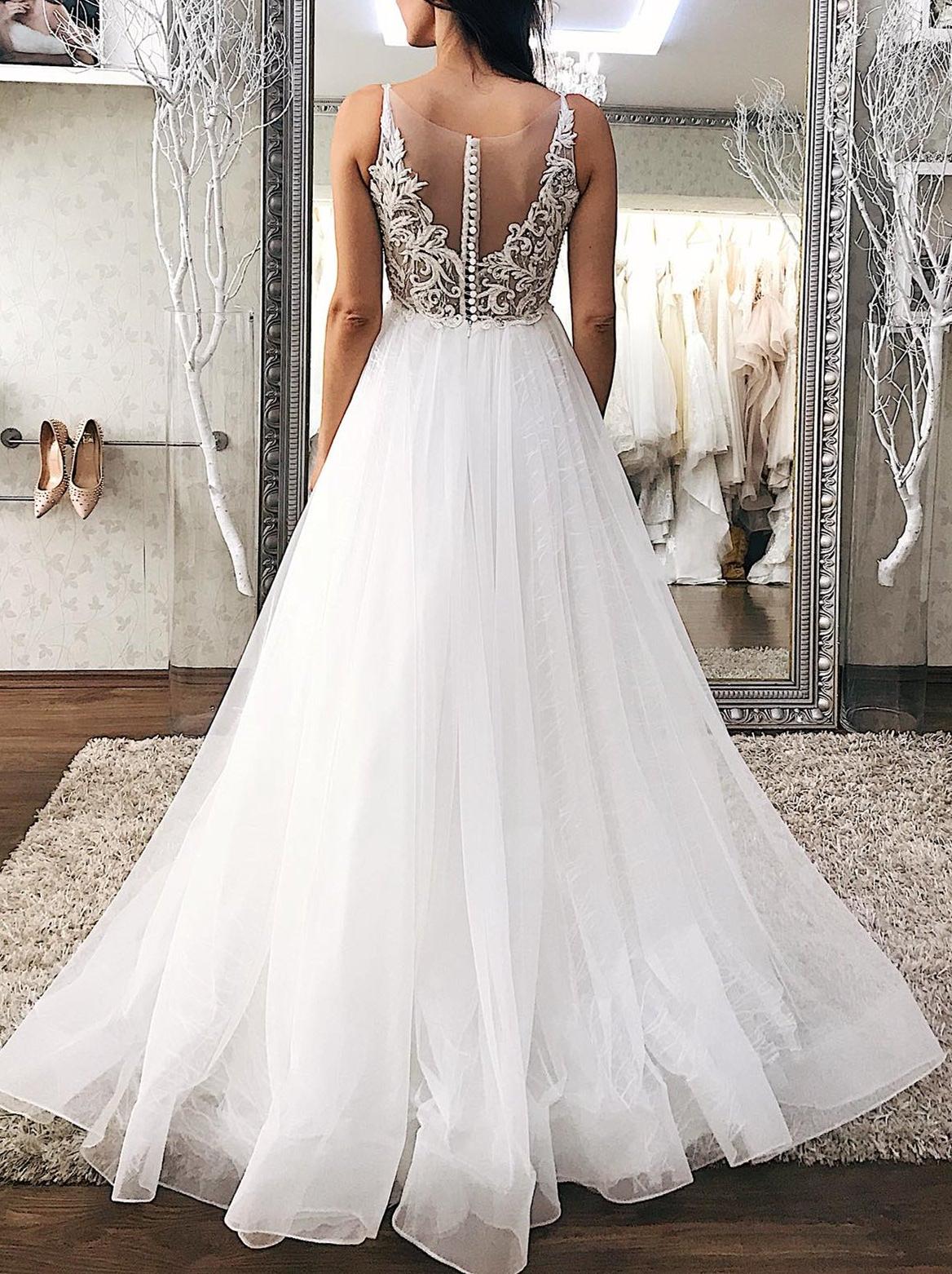 Unthony - V Neck Open Back White Lace Long Prom Dress