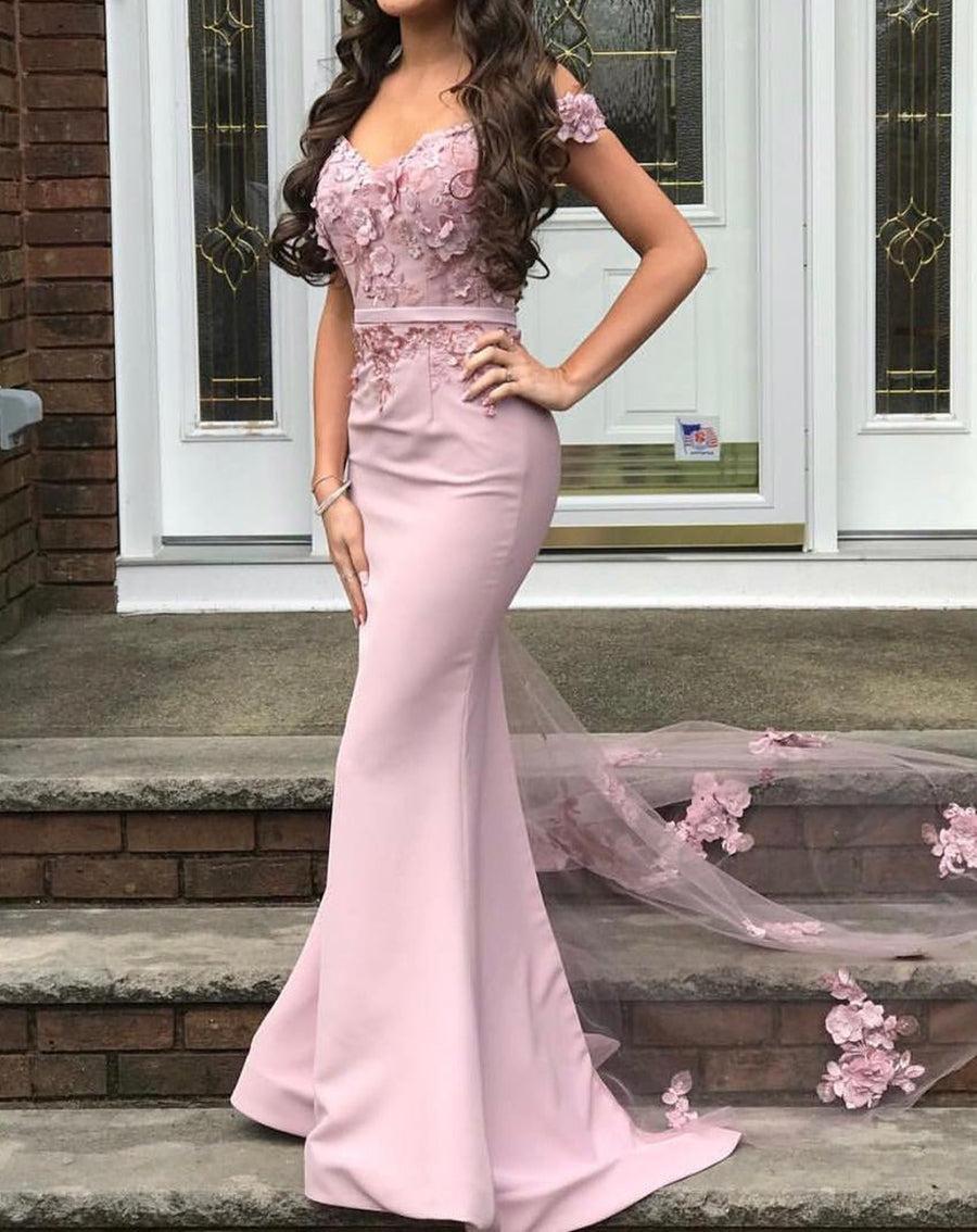 Unthony - Off Shoulder Mermaid Floral Lavender Lace Prom Dress