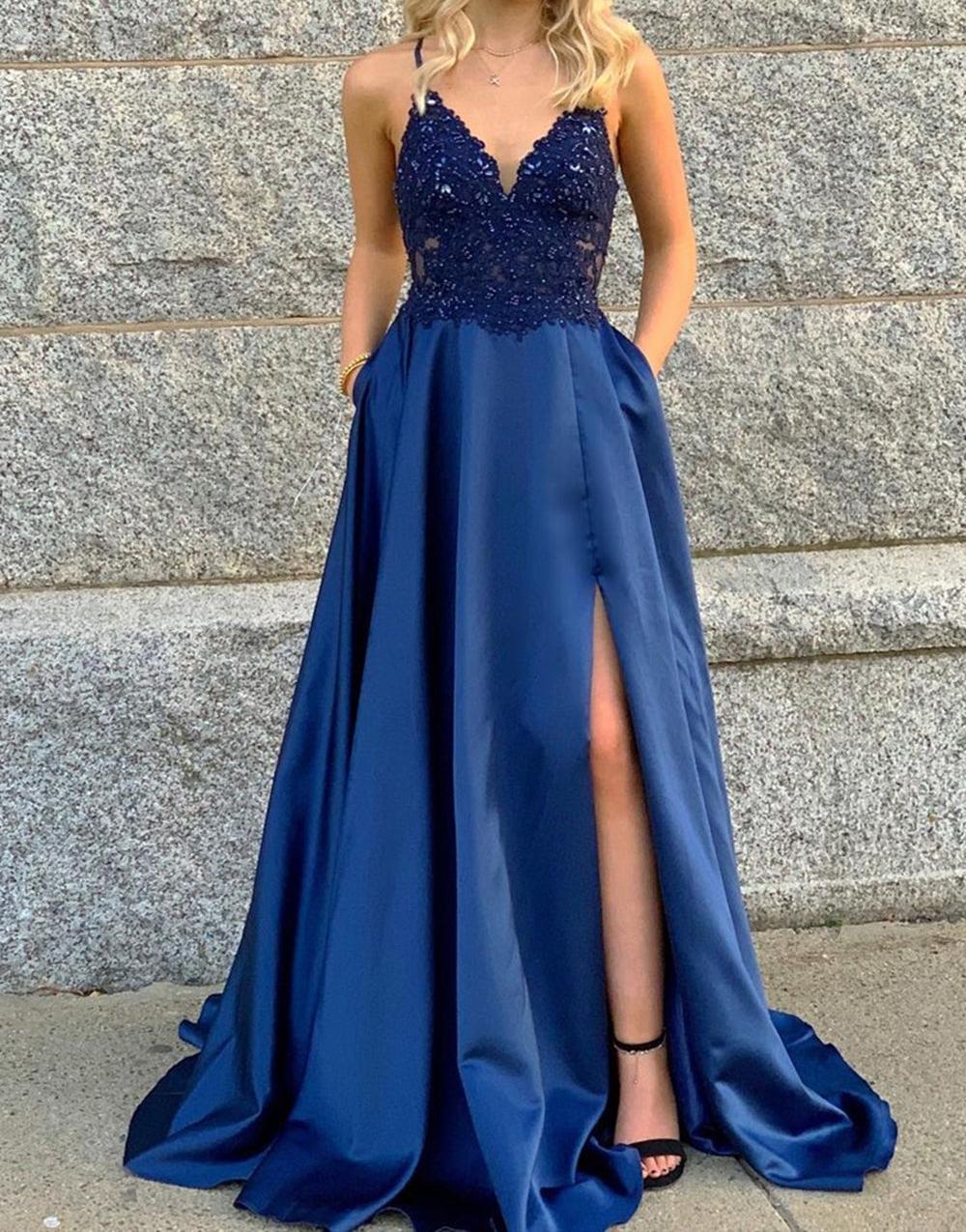 Unthony - V Neck Beaded Blue Lace Long Prom Dress with Leg Slit