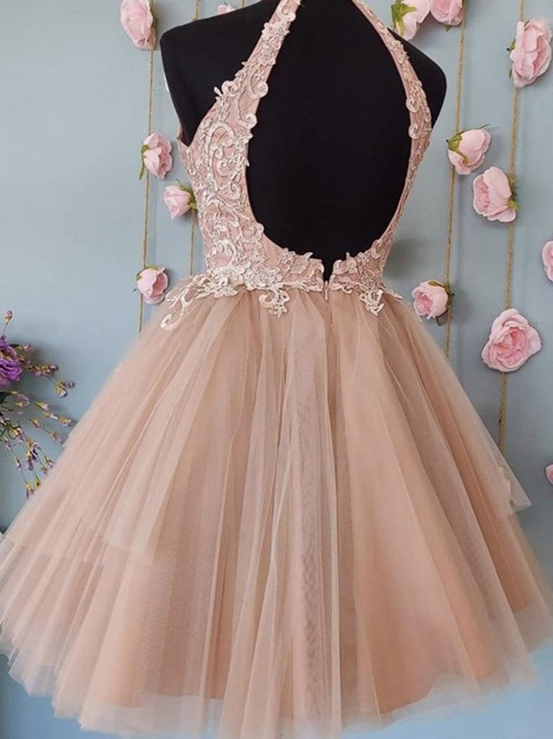 Unthony - High Neck Open Back Short Champagne Lace Prom Dress