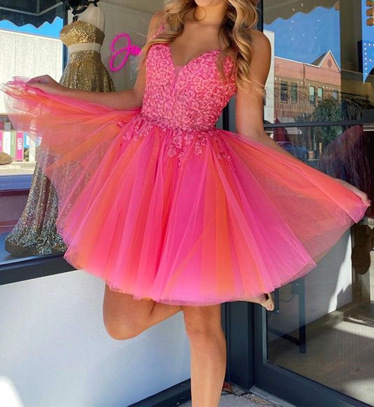 Unthony - Open Back V Neck Hot Pink Lace Prom Dress