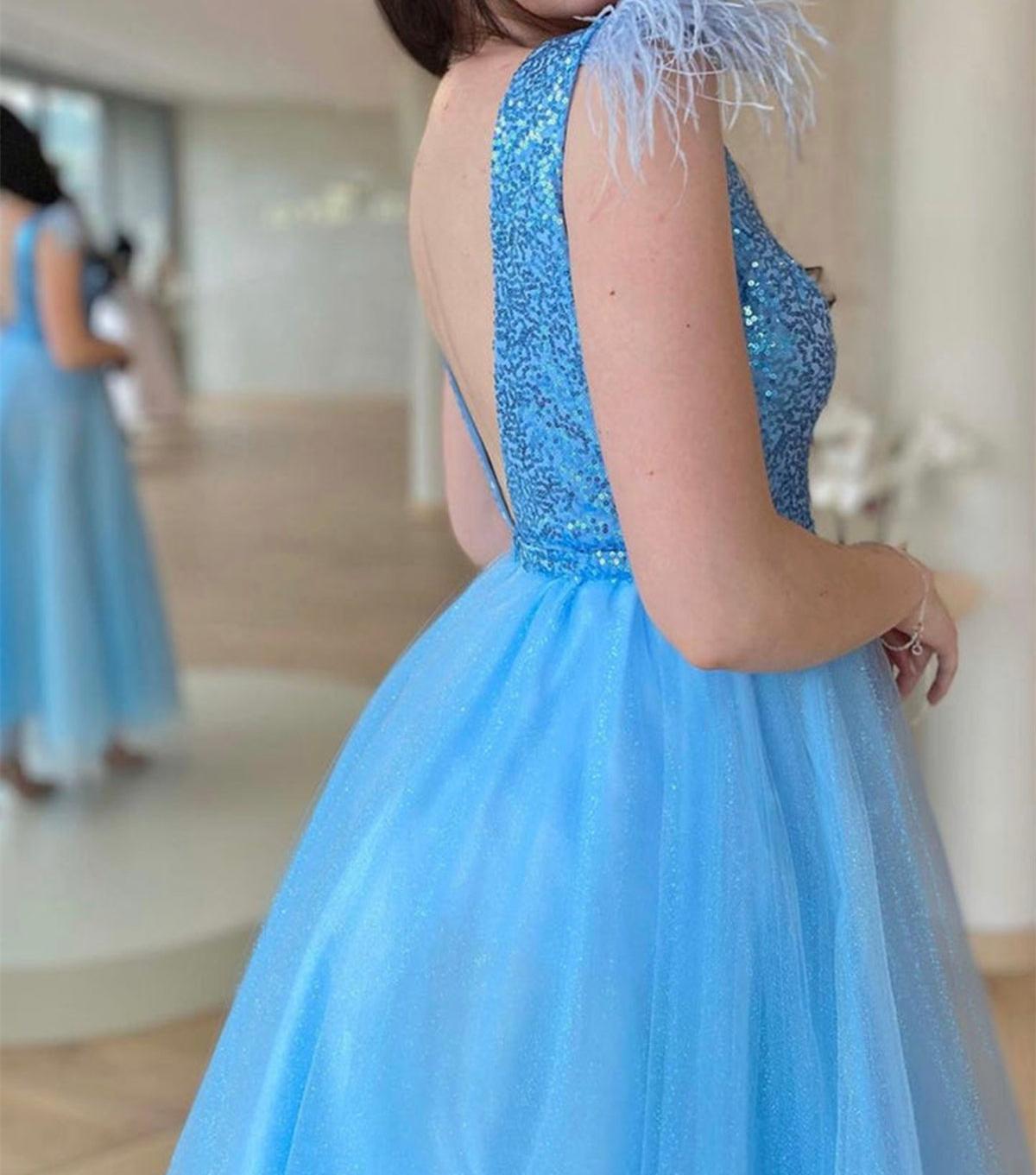 Unthony - V Neck Shiny Sequins Blue Tulle Tea Length Prom Dress
