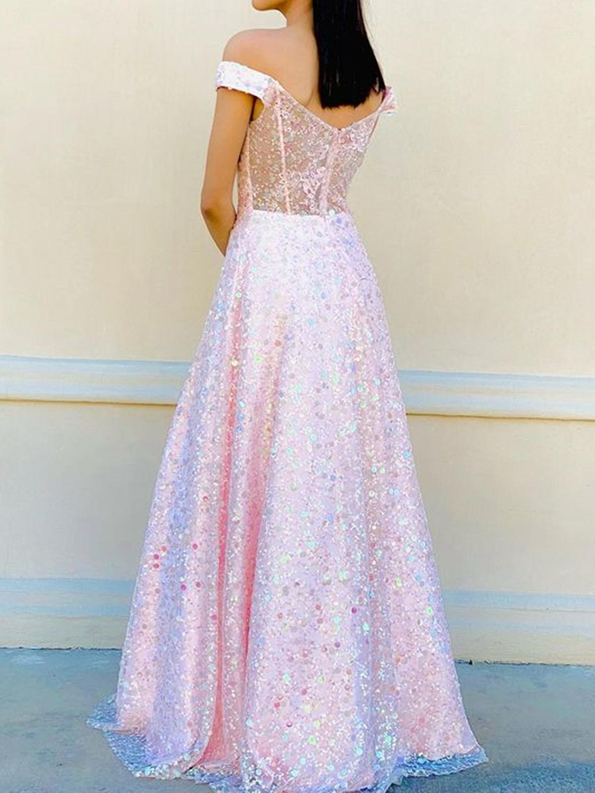 Unthony - Gorgeous Off Shoulder Pink Lace Floral Long Prom Dress