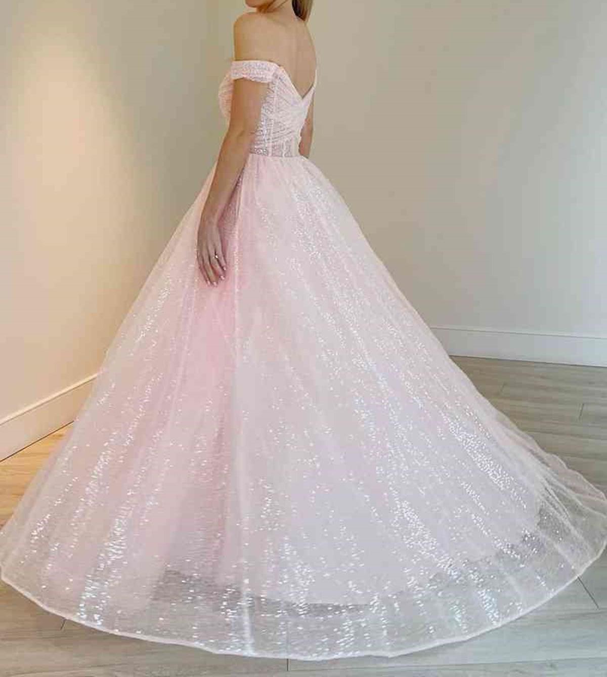 Unthony - Shiny Tulle Off Shoulder Blue/Pink Long Prom Dress