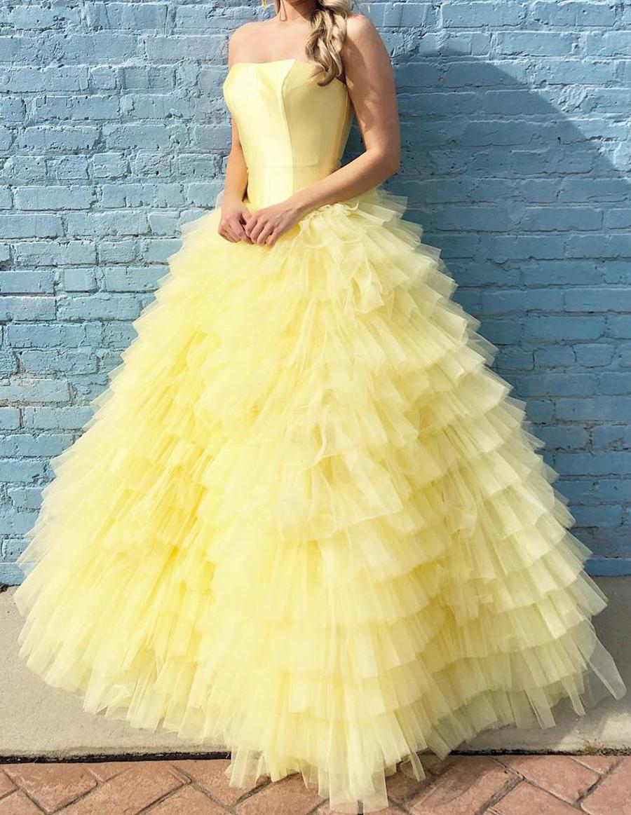 Unthony - Custom Made Yellow Strapless Tiered Floor Length Ball Gown Long Prom Dresses