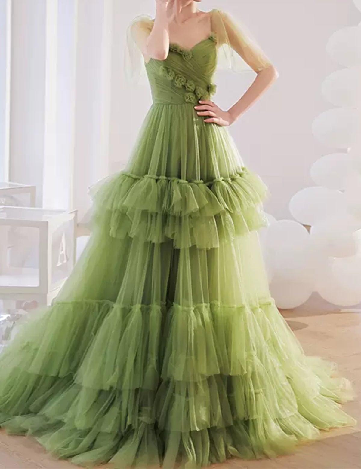 Unthony - Princess V Neck Green Tulle Long Prom Dress with 3D Flowers