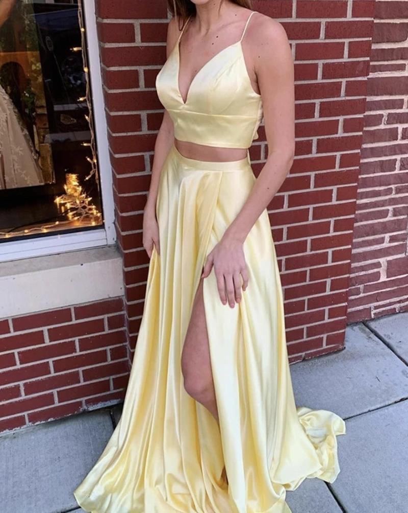 Unthony - V Neck 2 Pieces Yellow Long Prom Dress with High Slit