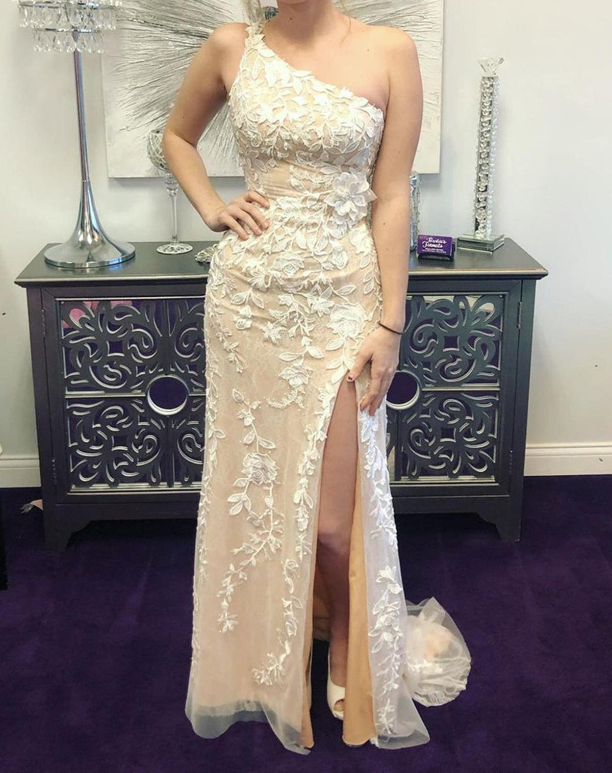 Unthony - One Shoulder Champagne Tulle Lace Long Prom Dress with High Slit