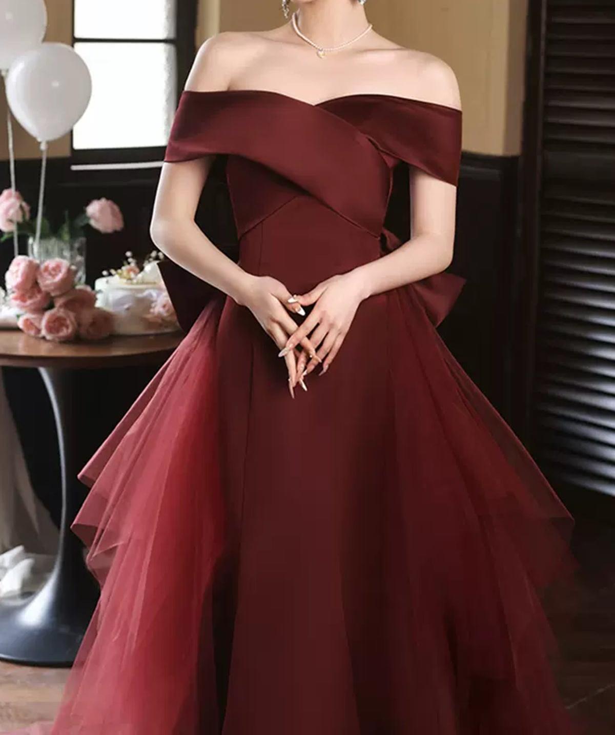 Unthony - Elegant Off Shoulder Mermaid Burgundy Long Prom Dress