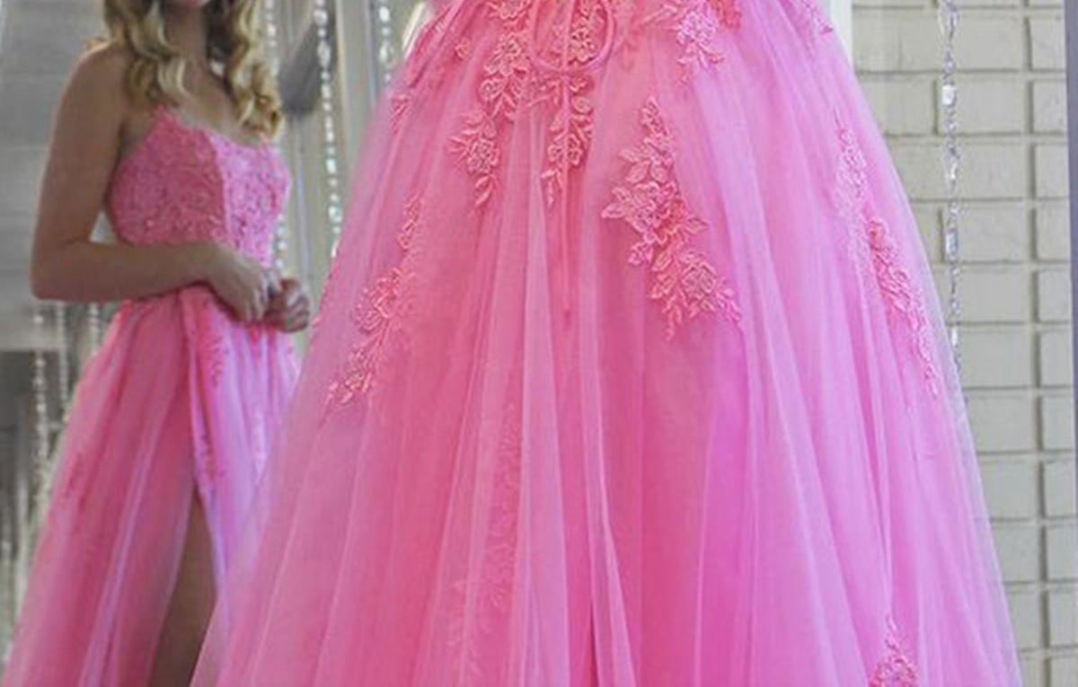Unthony - Open Back Pink Lace Long Prom Dress with High Slit