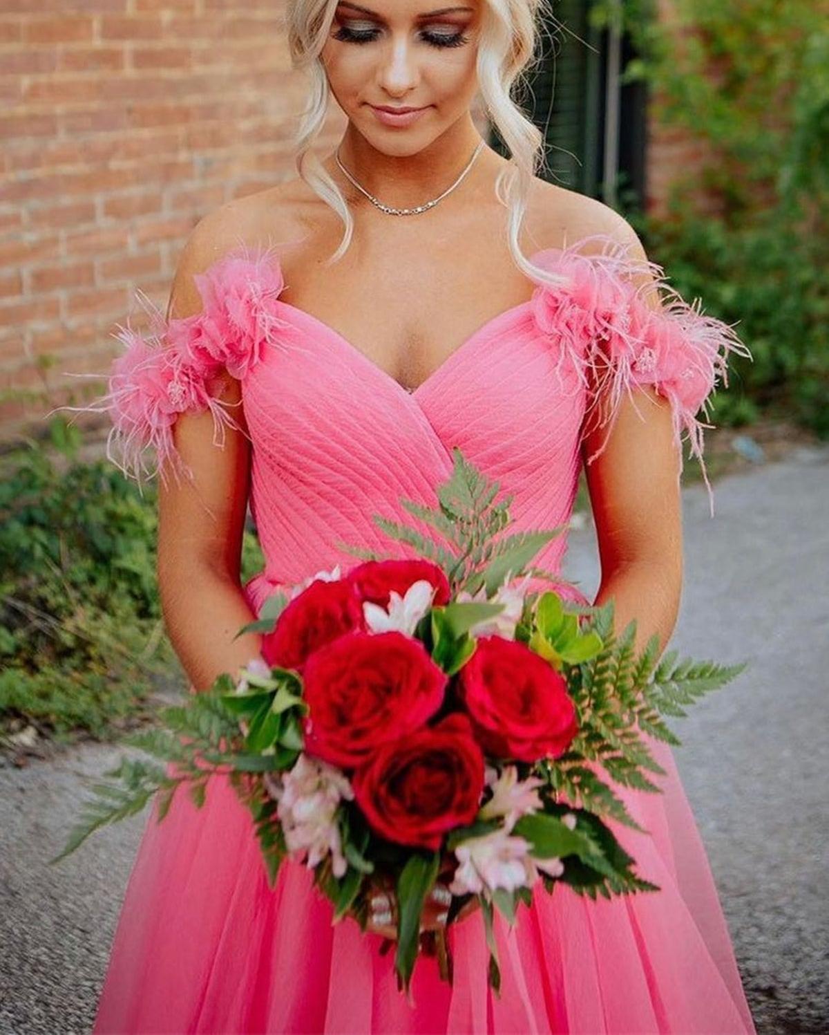 Unthony - Off Shoulder Hot Pink Tulle Long Prom Dress