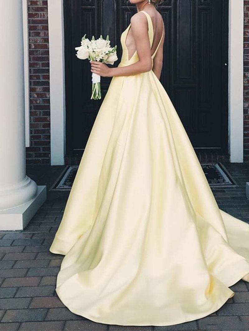 Unthony - Elegant V Neck Open Back Yellow Long Prom Dress