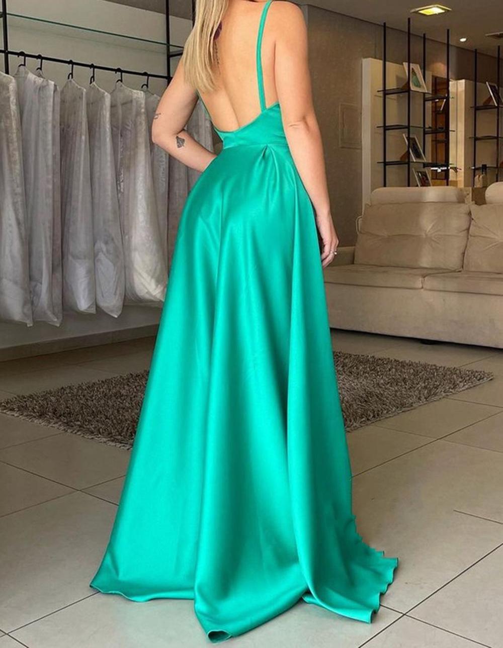Unthony - A Line V Neck Backless Green Satin Long Prom Dress with High Slit