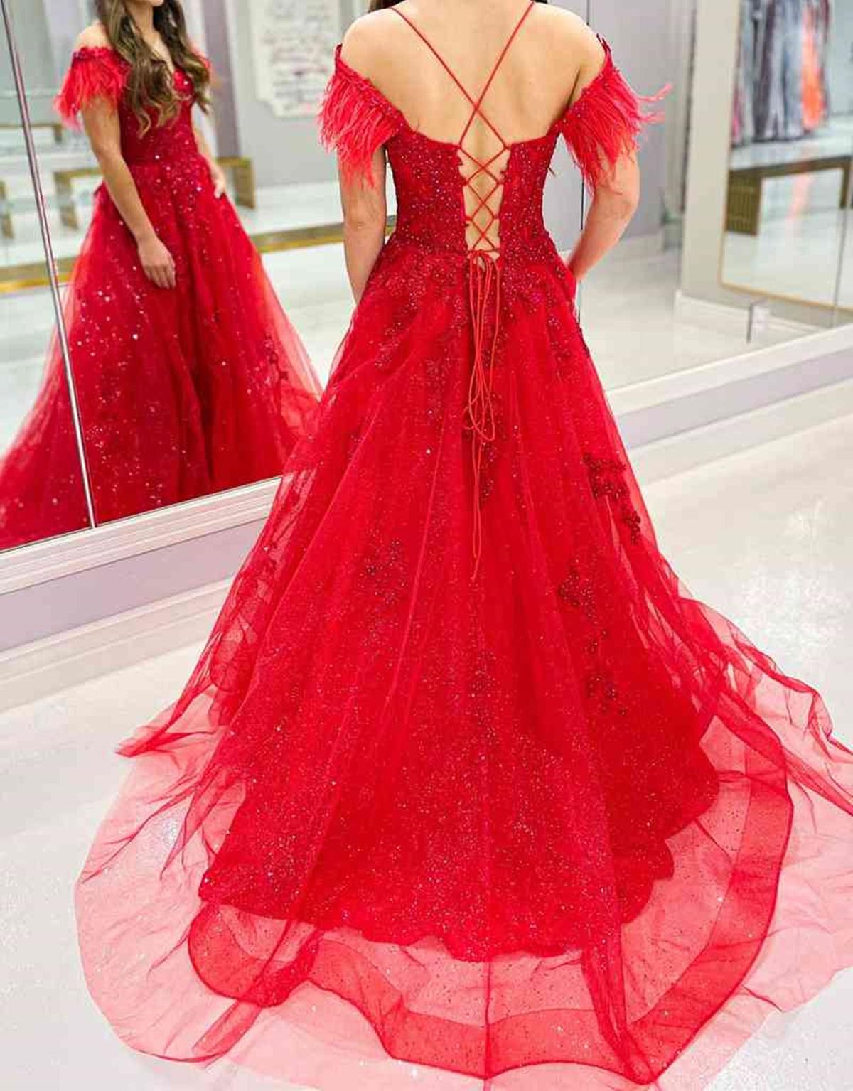 Unthony - V Neck Off Shoulder Red Lace Long Prom Dress with High Slit