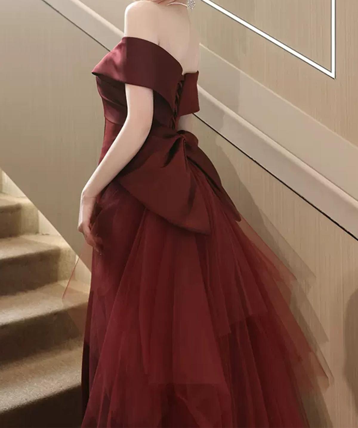 Unthony - Elegant Off Shoulder Mermaid Burgundy Long Prom Dress