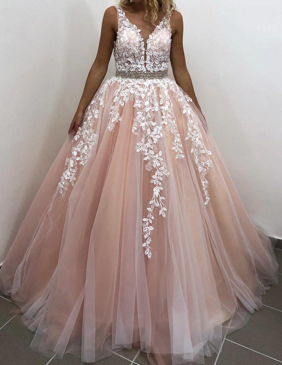 Unthony - A Line V Neck Open Back Pink Lace Appliques Long Prom Dress