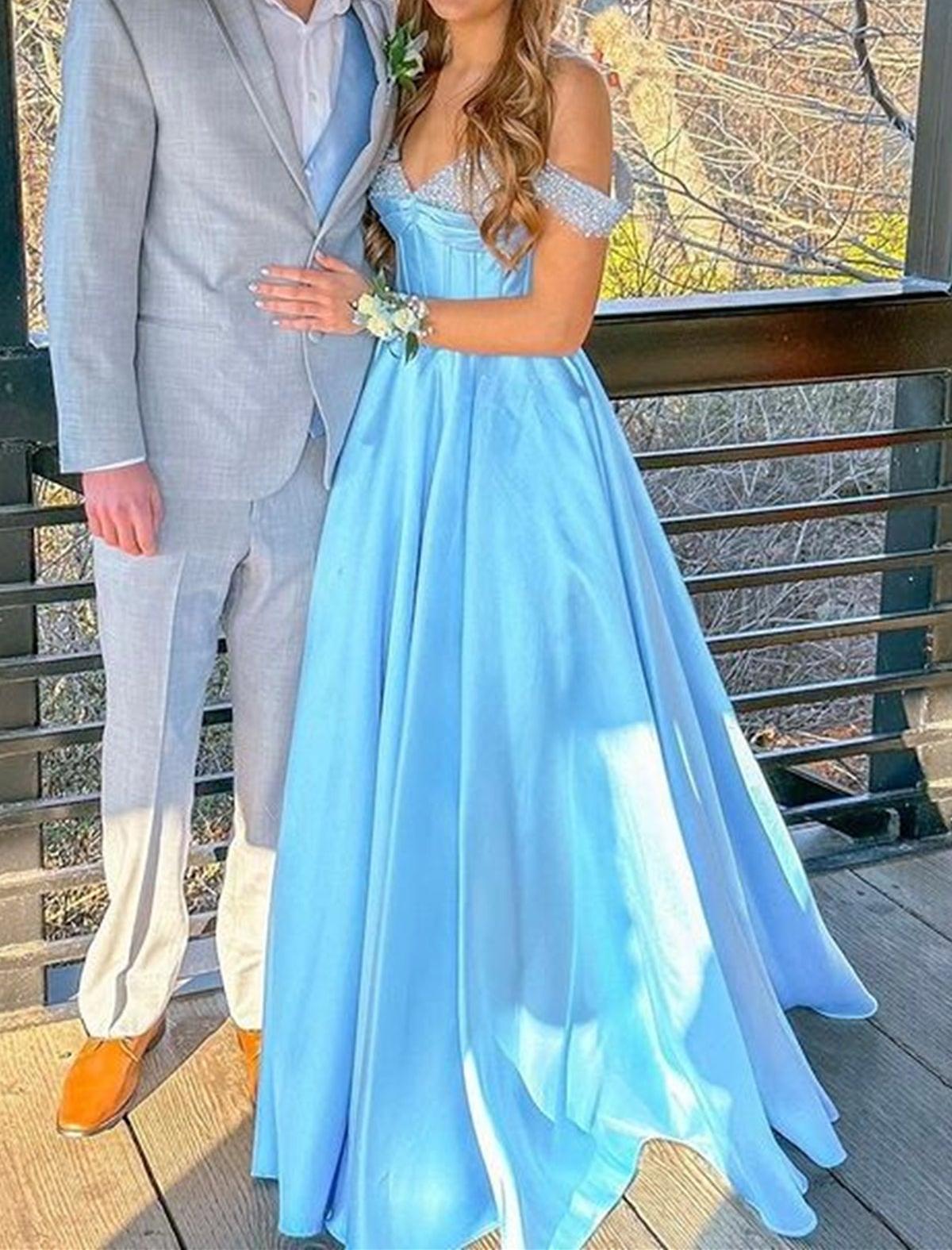 Unthony - Off the Shoulder Beaded Light Blue Satin Long Prom Dresses