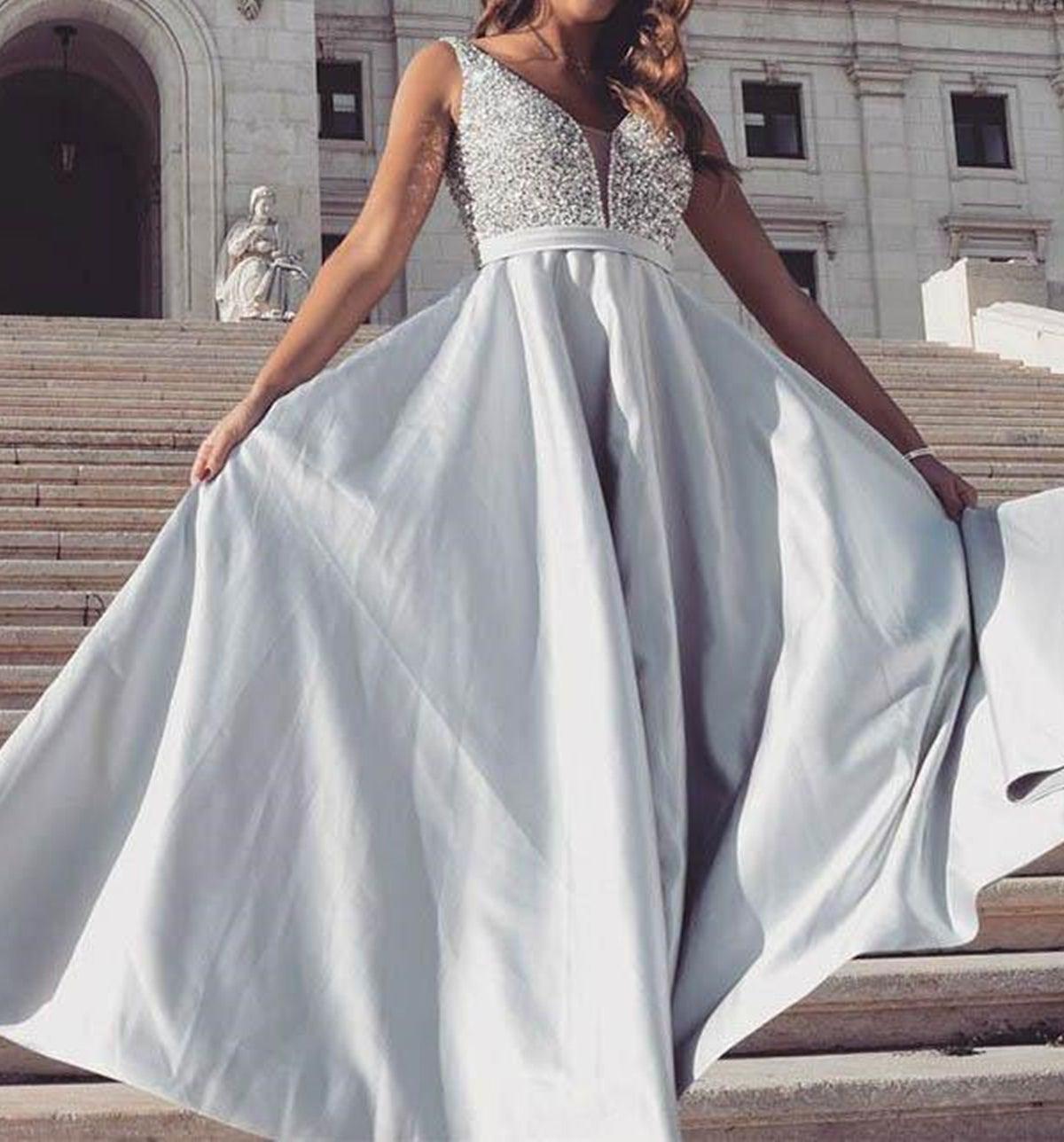 Unthony - V Neck Open Back Silver Gray Sequins Long Prom Dress