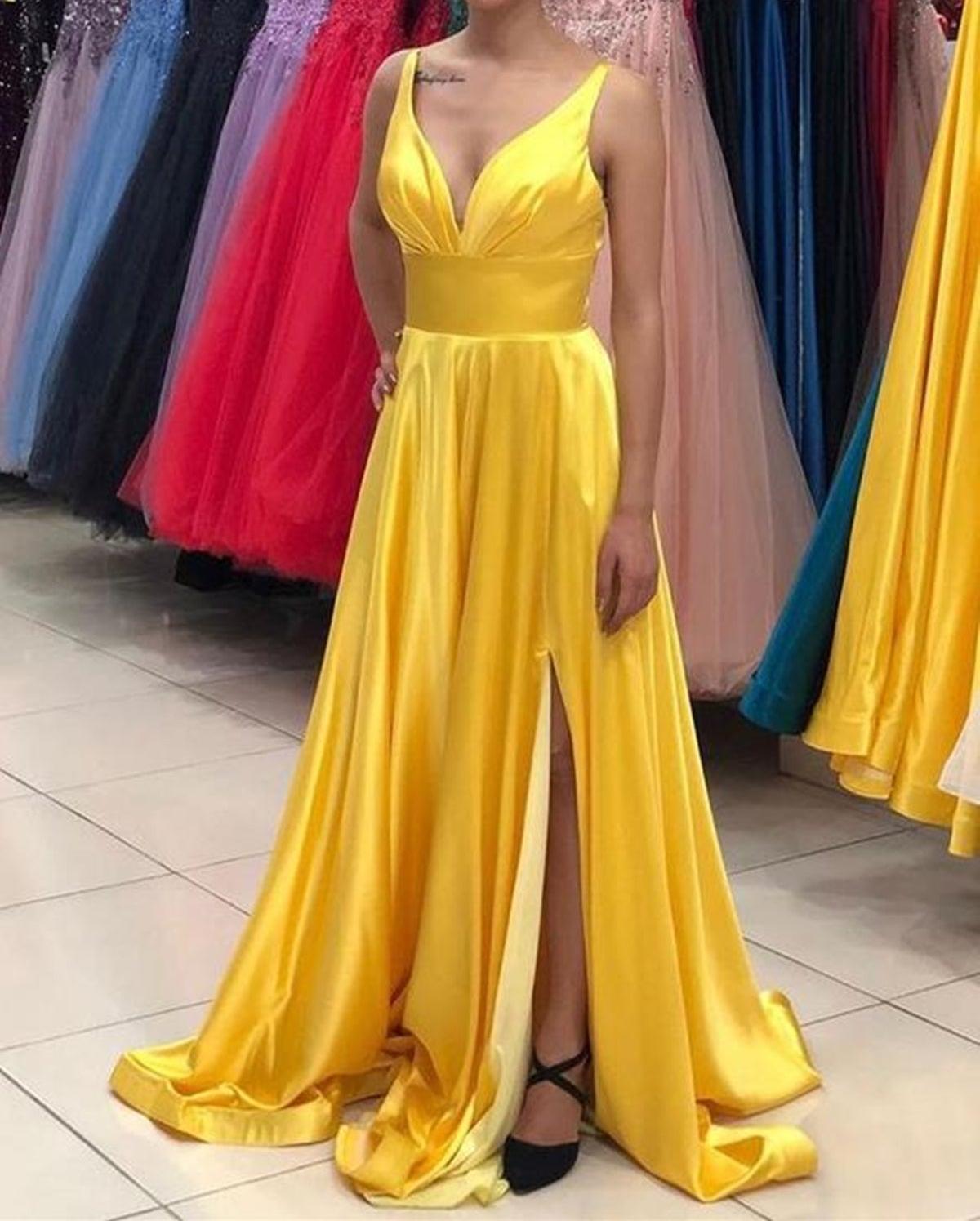 Unthony - A Line V Neck Open Back Yellow/Burgundy/Blue Long Prom Dress with Leg Slit