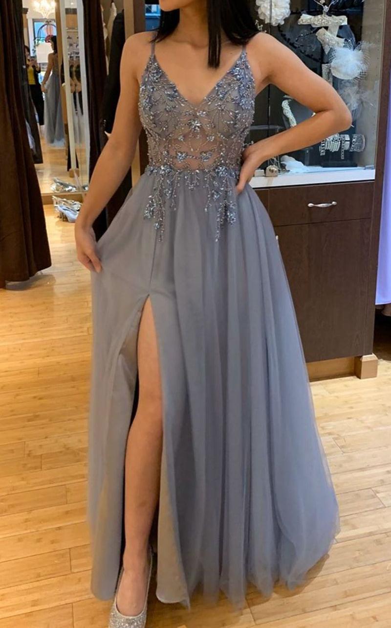 Unthony - A Line V Neck Grey Beaded Long Prom Dress with Split