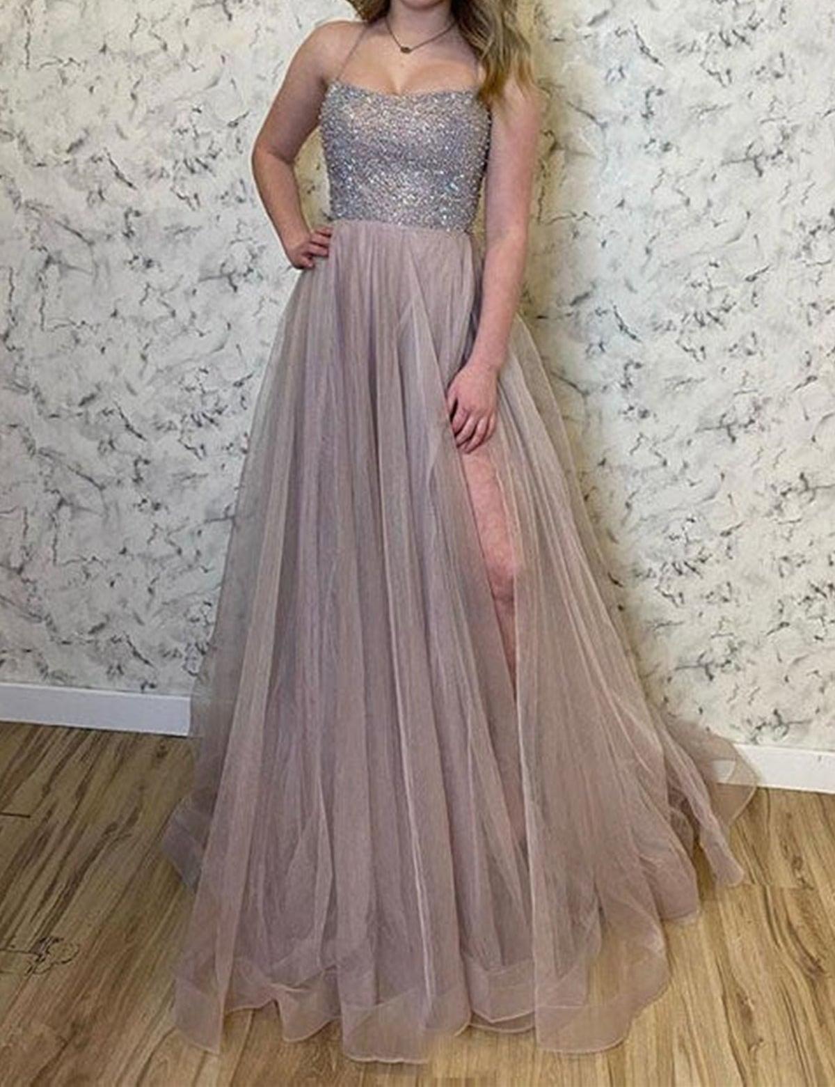 Unthony - A Line Light Champagne Tulle Beaded Long Prom Dress