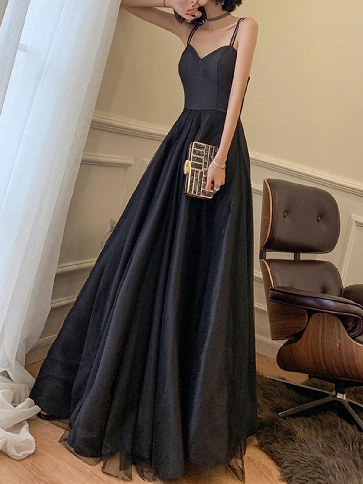 Unthony - A Line Open Back Black Long Prom Dress