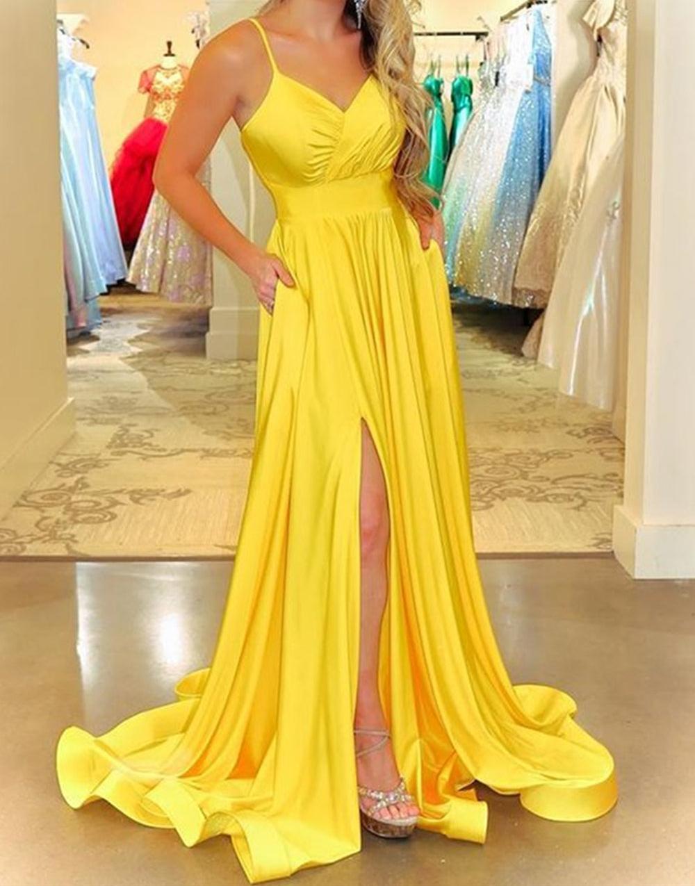 Unthony - Simple V Neck Backless Yellow Satin Long Prom Dress