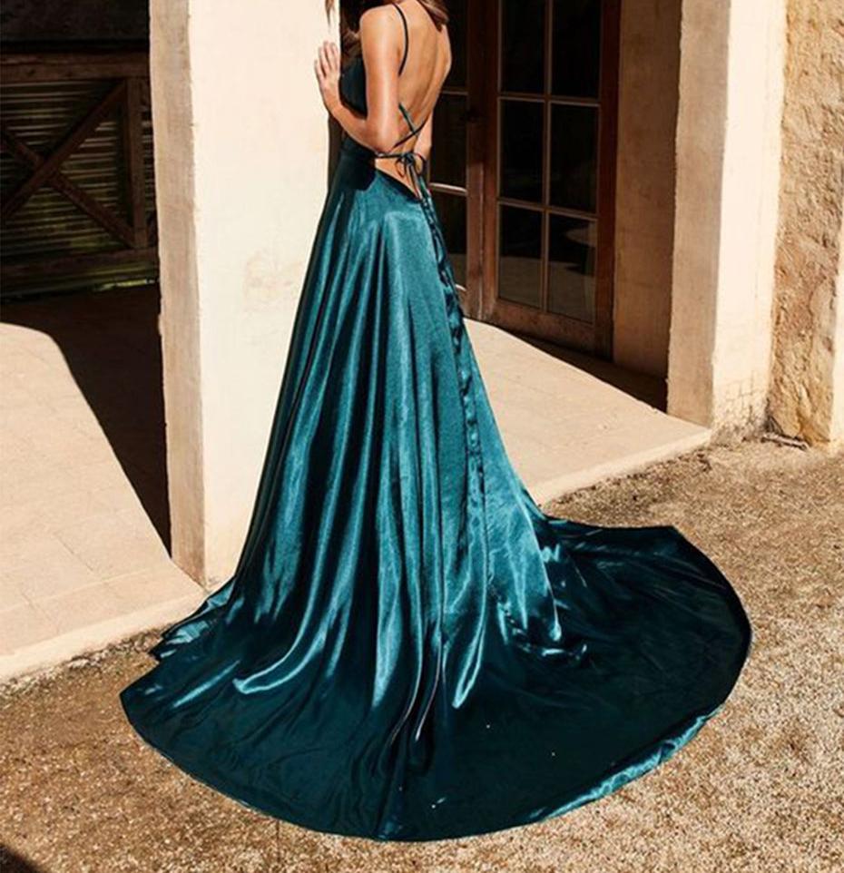 Unthony - Sexy A Line Backless Dark Green Long Prom Dresses with High Slit